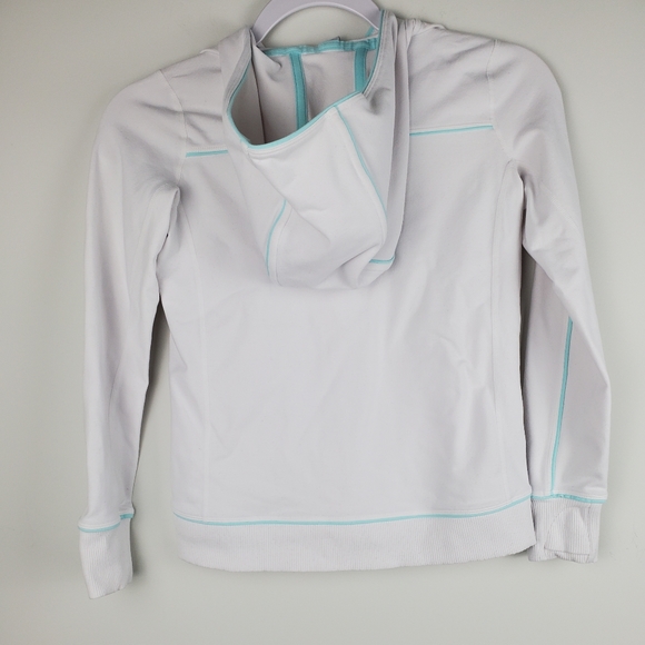 Athleta Girl White and Blue Zip Up Hooded Jacket With Thumbholes Medium 8-10 - Picture 3 of 11